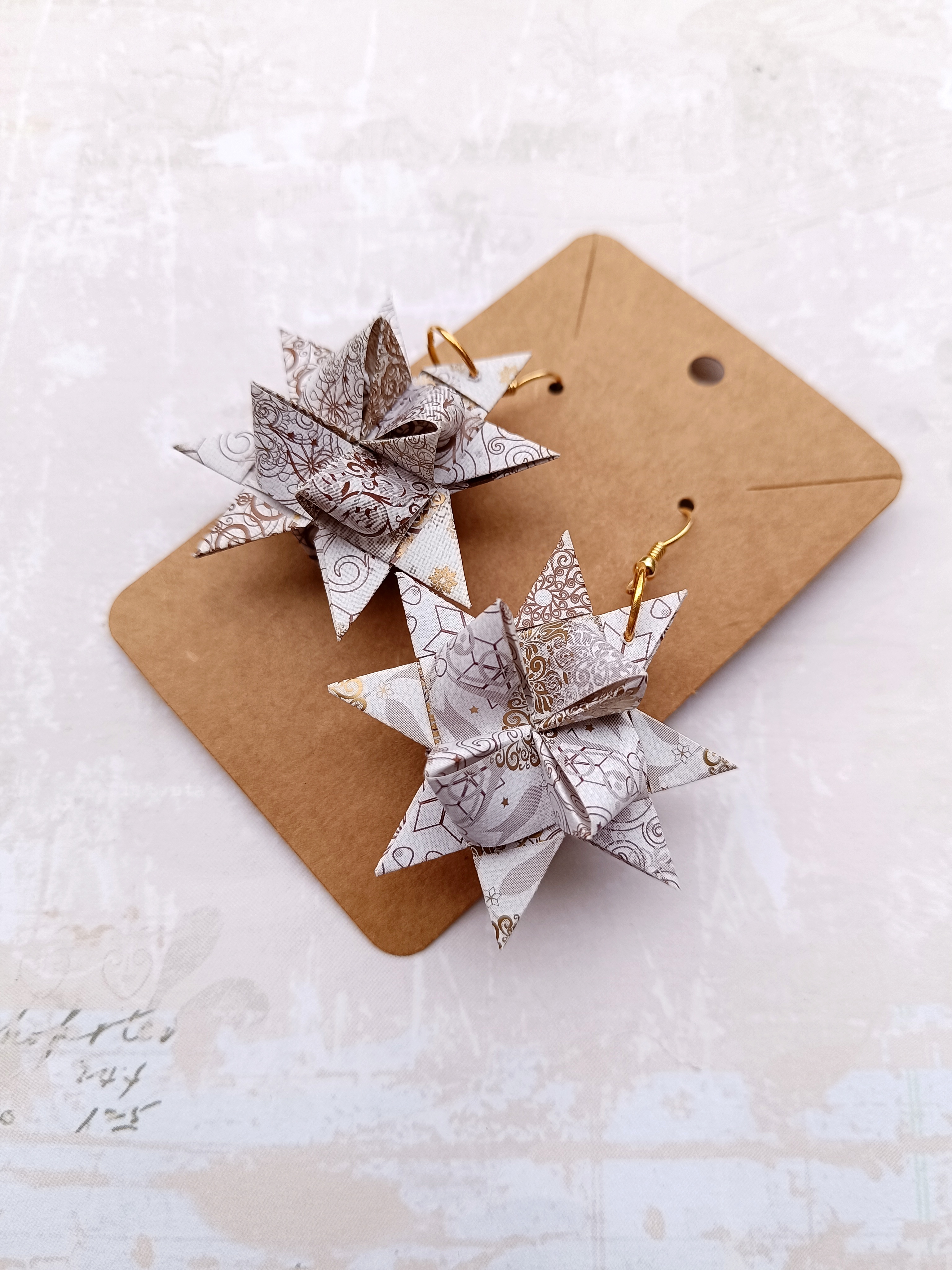 Origami náušnice hvězdičky bílé / hnědé / zlaté